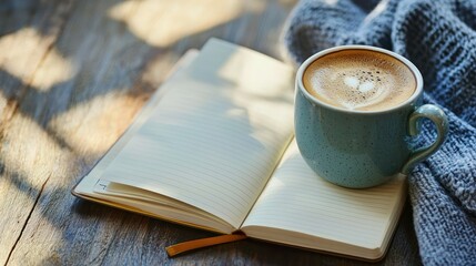 A coffee cup placed next to an open notebook.