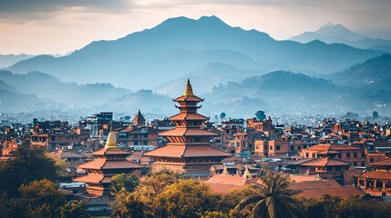 Ancient Cityscape of Kathmandu Valley in Nepal at Dusk