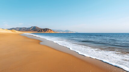 Fototapeta premium Serene Beach Landscape Featuring Gentle Waves, Golden Sand, and Distant Mountains Under a Clear Blue Sky.