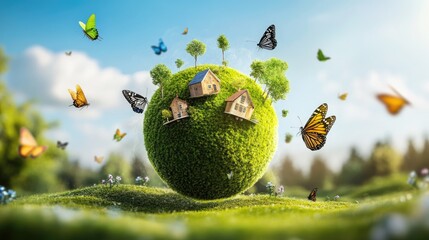 Eco concept of a green Earth nestled with trees, cottages, and fluttering butterflies
