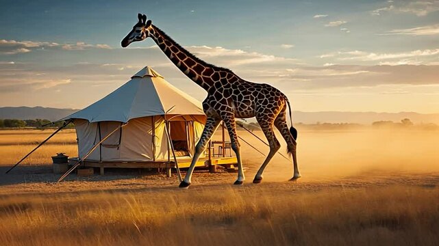 Giraffe next to a tent on a safari.