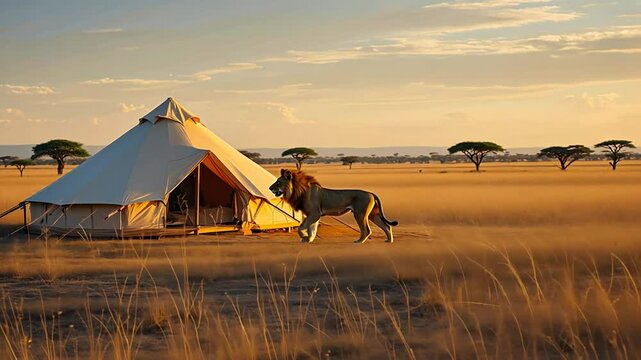 Lion next to a tent on a safari.