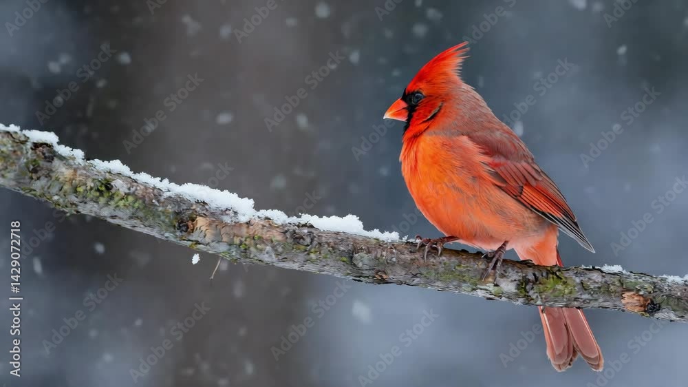 Poster a red cardinal perched on a snow-covered tree branch.