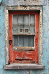 Weathered orange window with panes on blue wall.