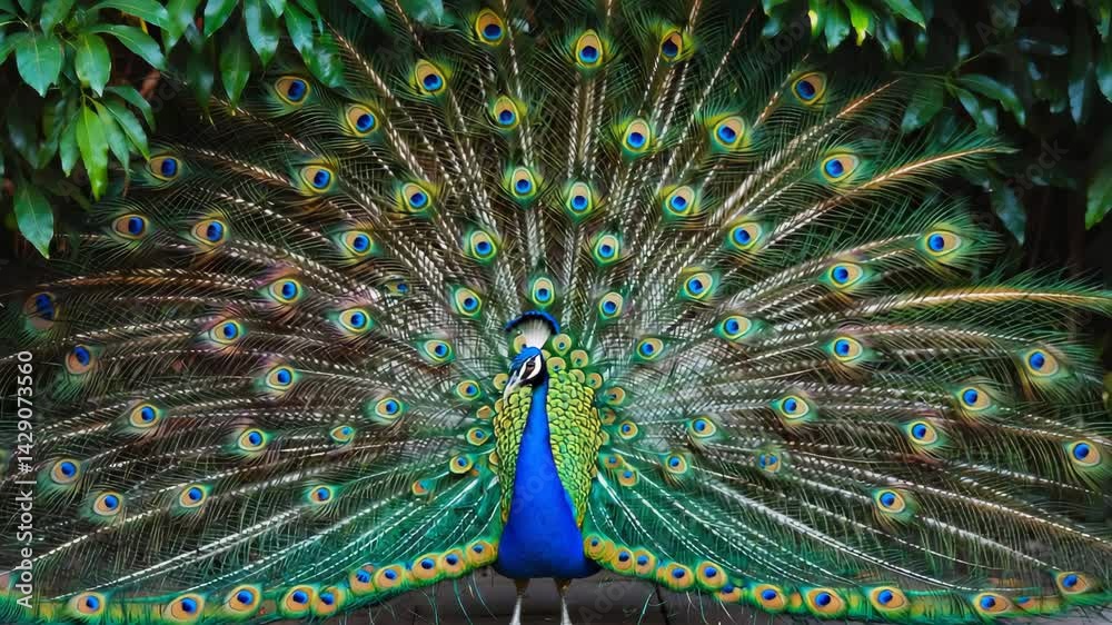 Poster a peacock displaying its vibrant feathers in full bloom.