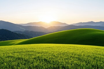 A serene landscape featuring rolling green hills, bathed in warm sunlight, with distant mountains under a clear sky.