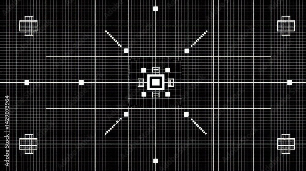Poster abstract black and white grid pattern with geometric shapes and lines creating a symmetrical design.