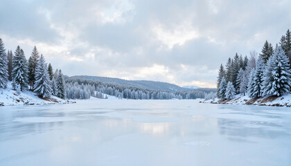 Obraz premium Winter Landscape with Snow-Covered Trees and Frozen Lake 