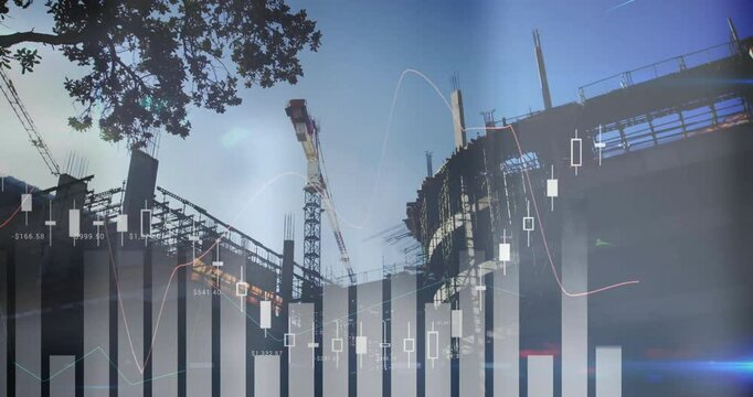 Tower crane lifting steel beams over scaffold skeleton, showing bar graphs and candlestick trends - Powered by Adobe