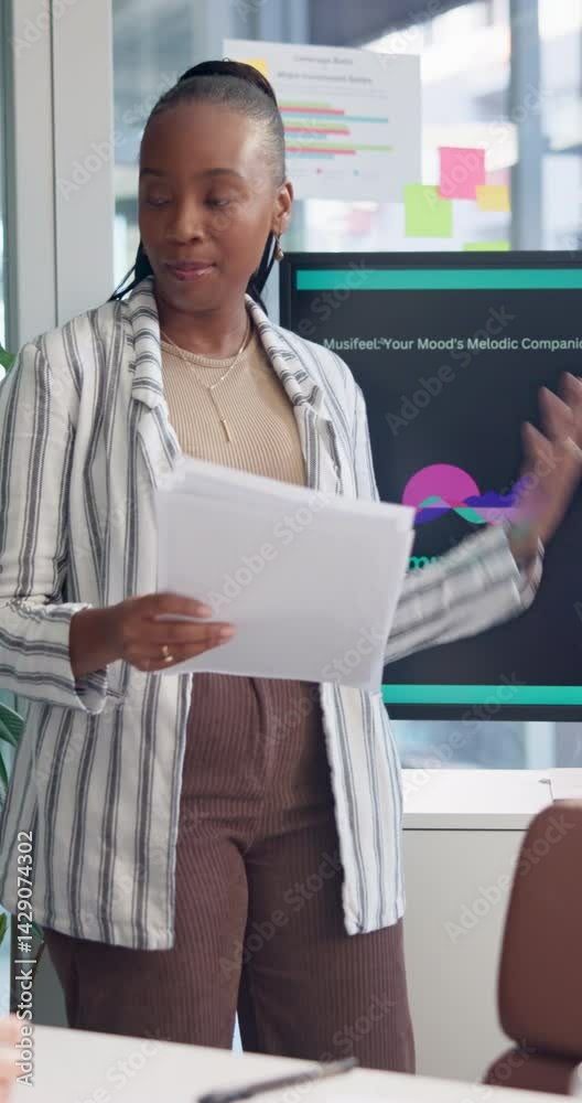 Poster african woman, presentation and screen at startup, office and talk with documents for tech company. 