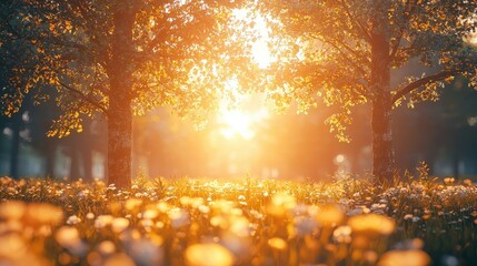 A serene landscape featuring trees illuminated by golden sunlight, surrounded by blooming flowers, creating a peaceful and warm atmosphere.