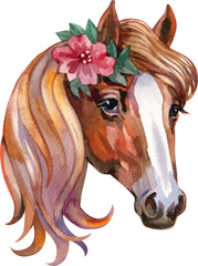 Brown Horse with flowers. Watercolor horse portrait