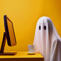 oil painting style illustrationsurprised ghost look in front of desktop computer looking at monitor in yellow background