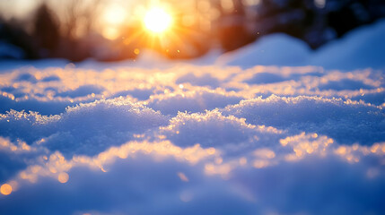 Close Up of Sparkling Snow at Sunset Winter Landscape