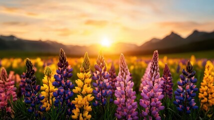 A vibrant field of lupine flowers in various colors blooms under a sunset, with mountains silhouetted in the background.