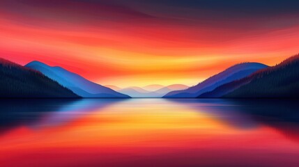 A serene landscape featuring mountains reflected in a calm lake, bathed in vibrant hues of orange, pink, and blue during sunset.