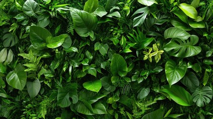 Lush vertical green wall with a mix of leaves and floral accents, perfect natural texture for design backgrounds
