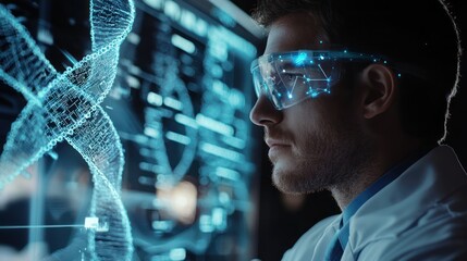 A doctor using AI-powered augmented reality to study genetic structures.