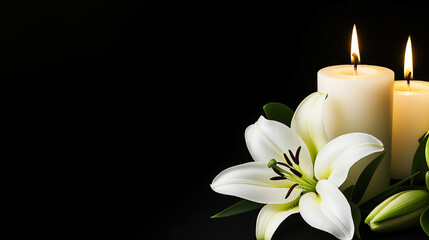 Burning Candles And Lily Flowers On Black Background With Copy Space. Funeral Concept The Emotional Relief Of Pre-Arranging A Funeral