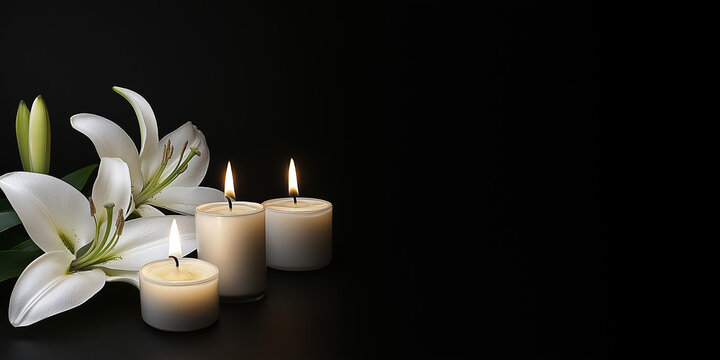 Burning Candles And Lily Flowers On Black Background With Copy Space. Funeral Concept The Emotional Relief Of Pre-Arranging A Funeral