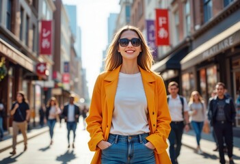 Fototapeta premium Woman in yellow coat enjoys a sunny day in a busy urban street with shoppers and stores