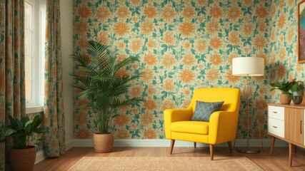 Obraz premium Bright and Cozy Living Room with Floral Wallpaper and Yellow Chair