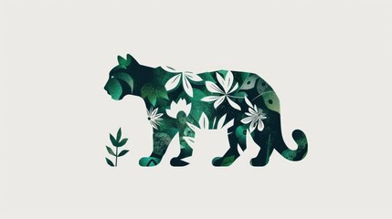 Fototapeta premium a minimalistic brand inspired in a puma composed by shapes of forest as birds leads and flowers