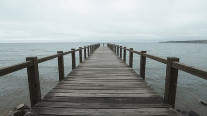 Fototapeta premium Serene Wooden Pier Extending Towards Calm Ocean Under Gray Skies