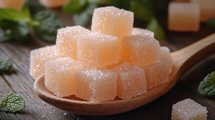 On a vibrant teal backdrop, a wooden spoon presents sugar cubes and granulated sugar, symbolizing excessive consumption and promoting a low-sugar lifestyle.