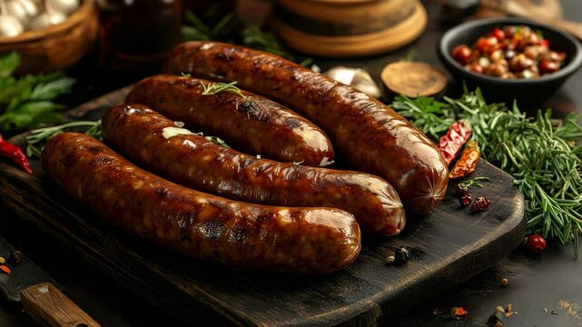 Homemade sausage surrounded by green on black board. v4