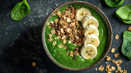 A fresh green smoothie bowl topped with bananas and granola
