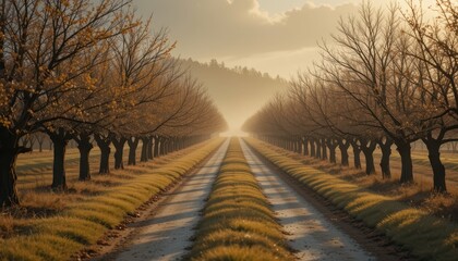 Serene Pathway Through Tree-Lined Country Landscape at Dawn