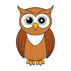 A cute brown cartoon owl vector illustration, a wise bird of the night with big eyes and a beak, a fun animal design in a wild nature art drawing