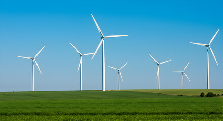 Fototapeta premium Wind Turbines in a Green Field Under a Clear Blue Sky Generating Clean Energy for a Sustainable Future