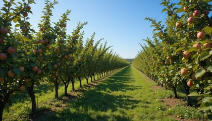 Obraz premium Vibrant Apple Orchard with Rows of Fruit-Laden Trees Under Blue Sky