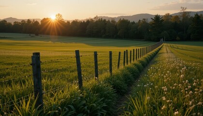 Obraz premium Sunset Over Green Field with Fencing and Mountains in Background