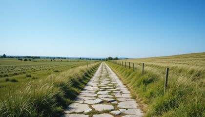 Obraz premium Serene Pathway Through Green Fields Under Clear Blue Sky