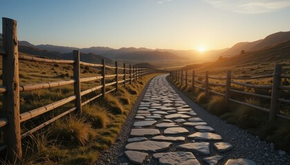 Serene Stone Pathway at Sunset Through Rolling Hills and Fences