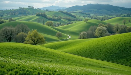Obraz premium Lush Green Rolling Hills Under Bright Cloudy Sky in Natural Landscape