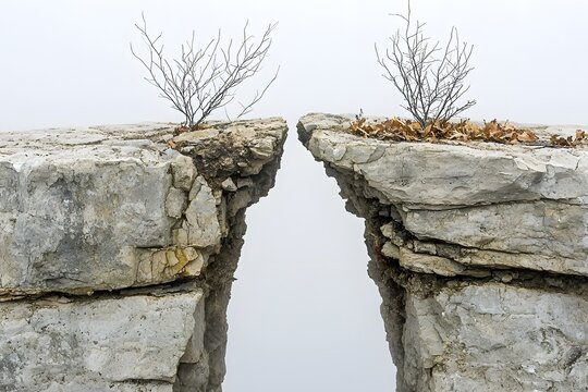 Cliffside Vantage: Two weathered rock formations, adorned with sparse vegetation, stand in stark contrast against a misty, open backdrop, creating a serene and minimalist scene. - Powered by Adobe