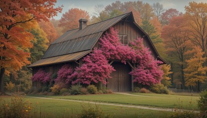Obraz premium Rustic Barn Surrounded by Vibrant Pink Flowers in Autumn Landscape