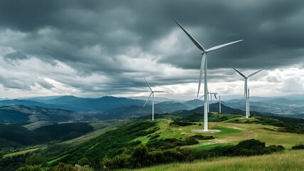 A scenic landscape featuring multiple wind turbines on a lush green hill under a dramatic, cloudy sky.
