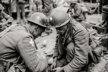 soldiers in uniform sitting on the ground, examining a map. Forest in the background with camouflage gear scattered around them.