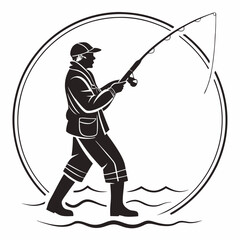 Fisherman Silhouette With Fishing Rod On Water Vintage Graphic Style Vector