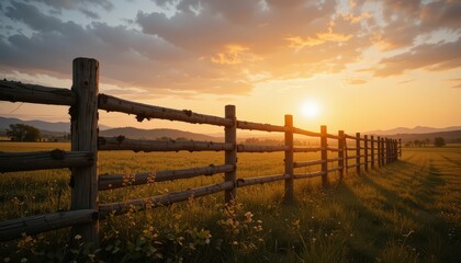 Fototapeta premium Serene Sunset over a Rustic Fence at Golden Hour in Nature