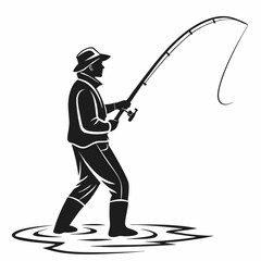 Obraz premium Fisherman Silhouette Standing In Water With Fishing Rod Vector Illustration Design