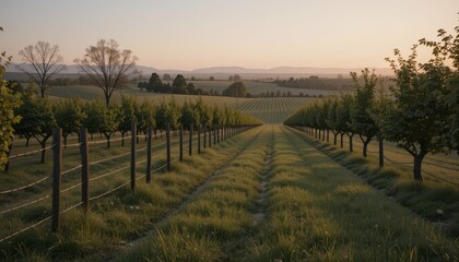 Obraz premium Serene Vineyard Landscape at Sunset with Lush Green Rows