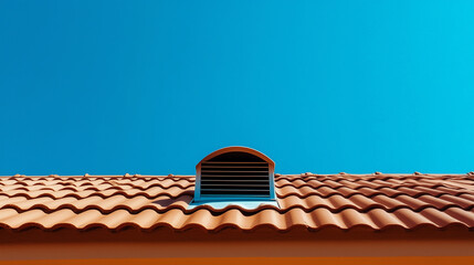 Naklejka premium Ventilation outlet pipe in durable plastic protrudes from pitched roof with symmetrical shingle pattern, against clear blue sky