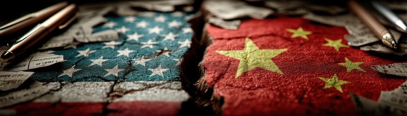 Fototapeta premium A dramatic depiction of the U.S. and China flags cracked and juxtaposed, symbolizing tension and conflict between the two nations.