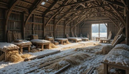Fototapeta premium Serene Barn Interior with Snow and Hay in Winter Landscape